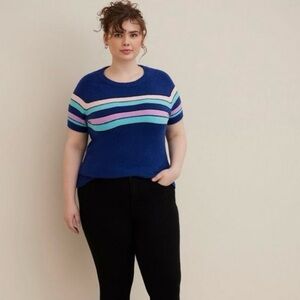 Torrid Vegan Cashmere Pullover Short Sleeve Sweater in Navy Stripe Size 3